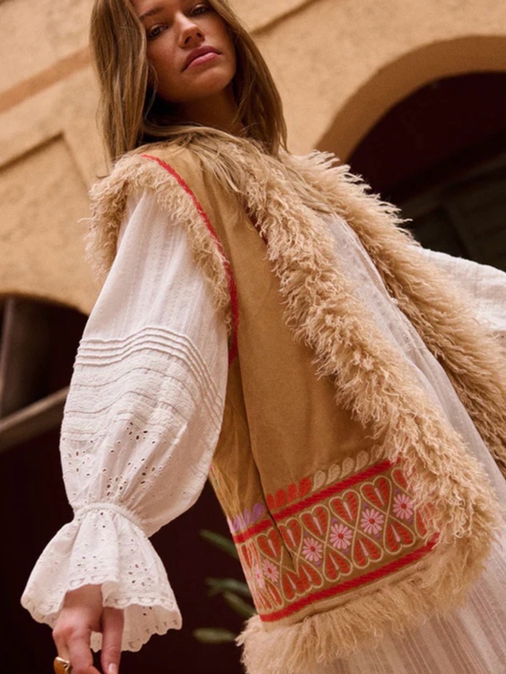 Spell Tan Floral Embroidered Faux Fur Trim Vest - Picture 2 of 9